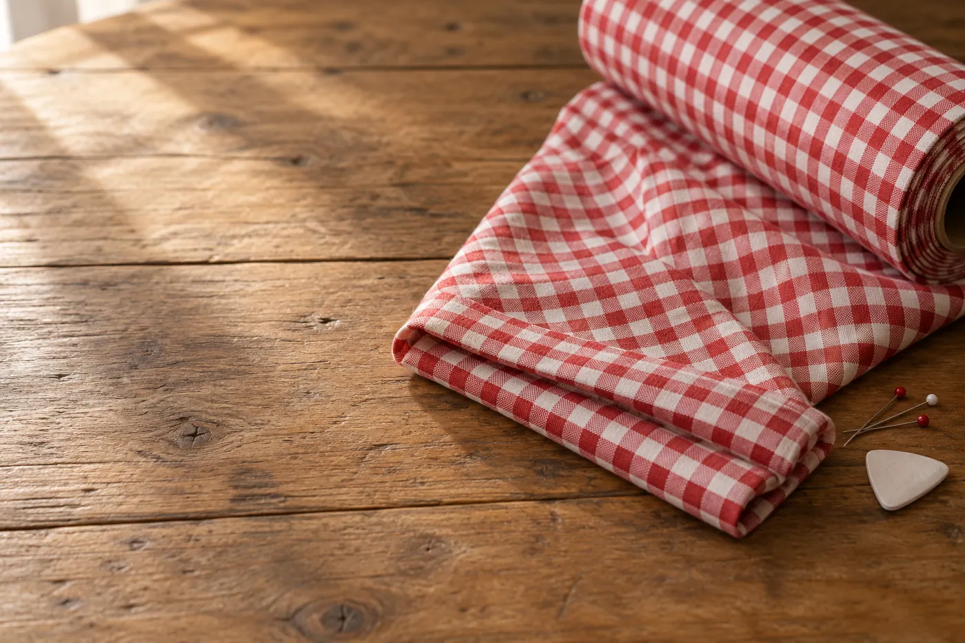 Illustration: rot-weiß karierter Baumwollstoff, vom Ballen abgerollt auf einem Holztisch, daneben Stecknadeln und Schneiderkreide